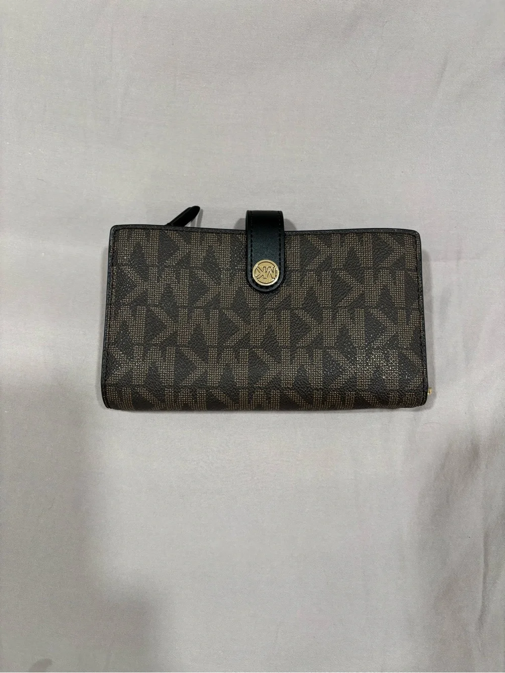 Michael Kors Brown and Black Signature MK Continental Wallet with Gold Accent